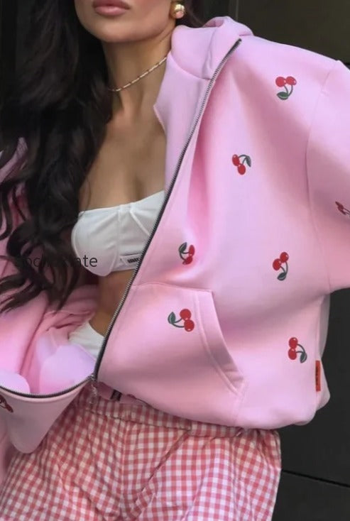 db-cherry-print-zip-up-hoodie