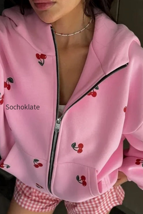 db-cherry-print-zip-up-hoodie