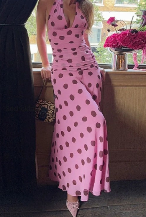 vintage-polka-dot-halter-v-neck-maxi-dress